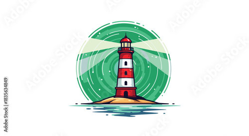 Classic red and white striped lighthouse on a small island, emitting bright beams of light, depicted in a modern logo style.