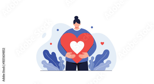 Young woman with a hair bun tenderly hugging a large red heart, symbolizing self-love, care, charity, and compassion.