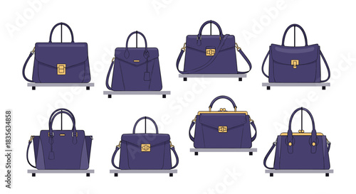 Set of eight stylish purple women's handbags with gold hardware, elegantly displayed on individual shelves against a white background.