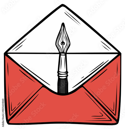 Red open envelope with an old fashioned ink pen nib illustration expressing written communication and creativity