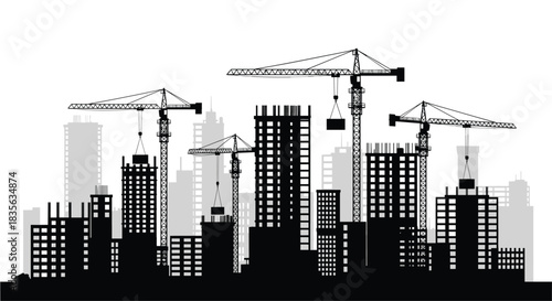 Black silhouette of a city skyline under construction, with multiple tower cranes actively building new skyscrapers against a white background.