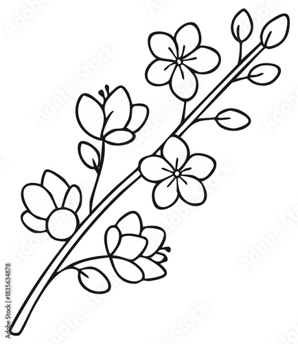 Elegant contour illustration of flowering twigs with leaves and buds for textile patterns and decorations