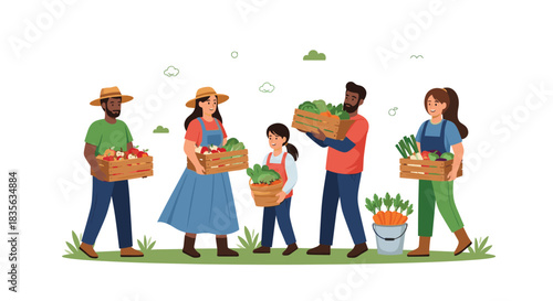 Diverse group of happy farmers, including men, women, and a child, holding crates and baskets full of fresh harvested produce.