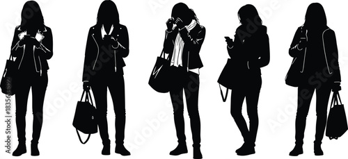 Silhouettes of young women standing and using smartphones, holding bags and dressed in casual fashion, representing modern lifestyle, communication, technology and daily routine