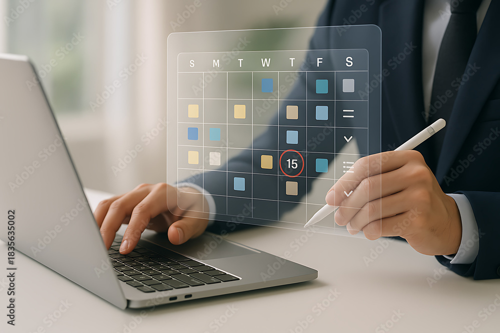 Obraz premium Business professional managing digital calendar and scheduling important events on laptop for efficient time management and productivity