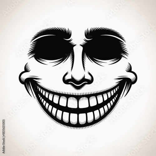 Creepy Black and White Face with Large Grin and Shadowed Eyes