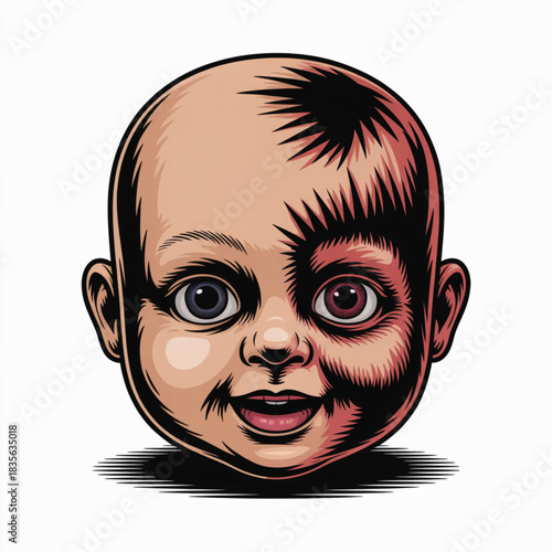 Creepy Doll Head With Uneven Eyes And Grinning Mouth