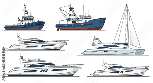 Set of various sea vessels, including a tugboat, a fishing trawler, a sailboat, and several modern luxury motor yachts.