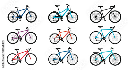 Colorful collection of nine different types of bicycles, including road, mountain, and touring models, for various cycling activities.
