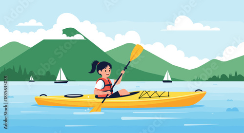 Happy young girl in a life jacket smiling as she paddles a bright yellow kayak on a calm lake with mountains and sailboats.