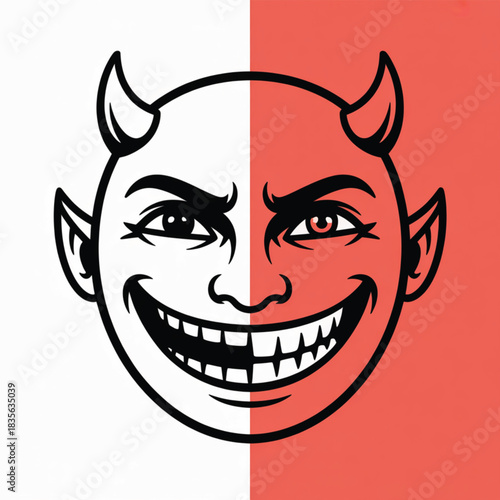 Devil Face With Horns Split Red and White demon grin