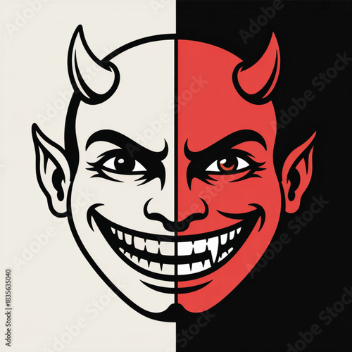 Devil Face With Horns Split Red and Black demon grin