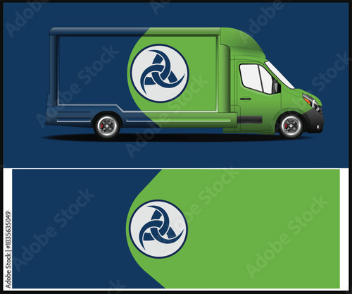 Green and blue delivery van with abstract logo for branding mockup