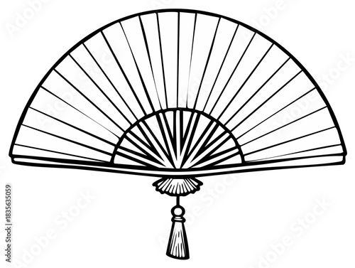 Traditional Asian Folding Hand Fan Black and White Line Art Drawing