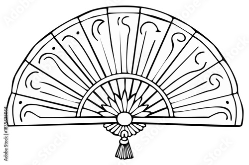 Traditional decorative hand fan line art illustration with ornamental details