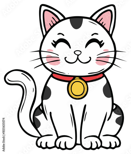Cute smiling Japanese Maneki neko lucky cat cartoon illustration. A traditional symbol of good luck and fortune.