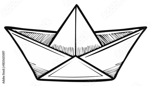 Ink drawing of a paper boat, childhood memories, origami art