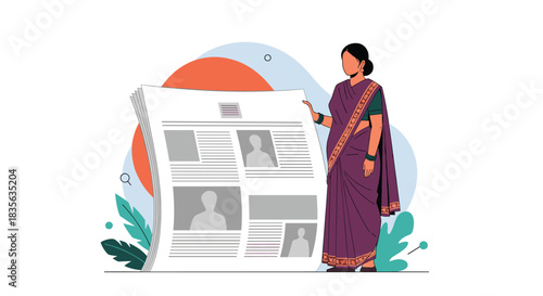 Indian woman in a traditional sari standing next to a giant newspaper or resume, representing job searching or news.