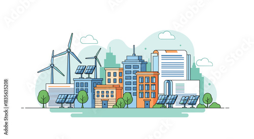 Sustainable smart city concept with modern buildings, solar panels, and wind turbines, illustrating green energy and environmental technology.