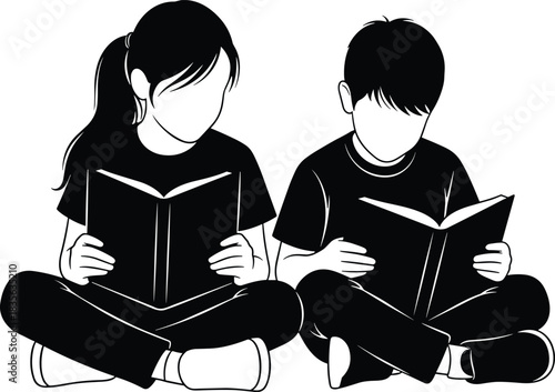Silhouette-style illustration of girl and boy sitting and reading books, representing education, learning, childhood literacy, study habits, focus, imagination and knowledge