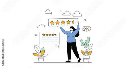 Young woman holding up a five-star rating sign, symbolizing excellent customer feedback, positive reviews, and high-quality service.