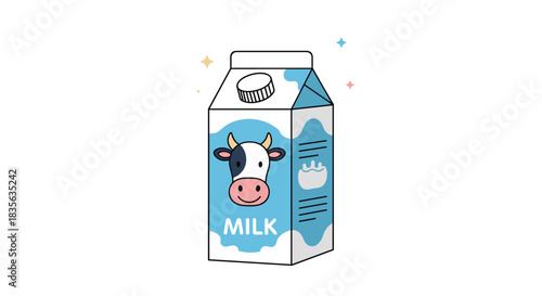 Cute and simple cartoon illustration of a milk carton with a smiling cow on the label, surrounded by little sparkles.