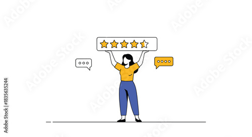 Pleased female customer holding up a large five-star rating symbol, providing positive feedback and a high satisfaction review online.