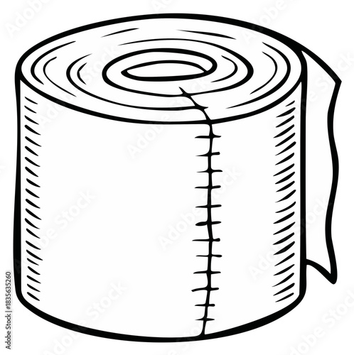Roll of white paper towels with perforation and texture mark in sketch line illustration