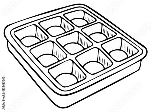 Simple Line Art Drawing of an Empty Ice Cube Tray with Nine Square Compartments