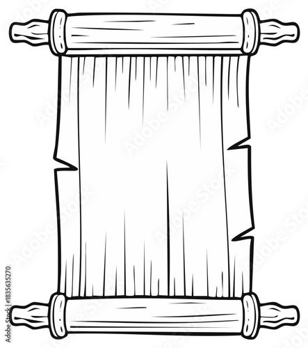 Blank old paper scroll unrolled with decorative wooden handles and rough edges illustration