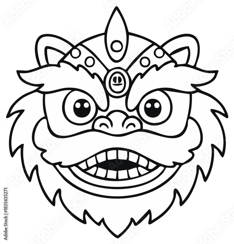 Black and white outline of a cheerful Chinese lion dance head, ideal for coloring book activities and festivities.