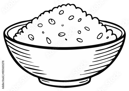 Black and white line art illustration of a bowl filled with cooked rice