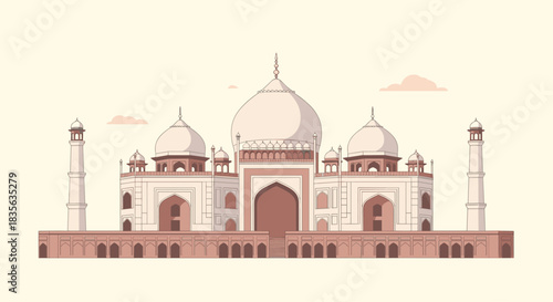 Minimalist vector illustration of the iconic Taj Mahal in Agra, India, showcasing its famous architecture against a soft cream background.