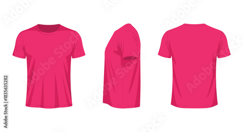 Versatile pink t-shirt mockup template shown from the front, side, and back views, isolated on a white background for apparel design.