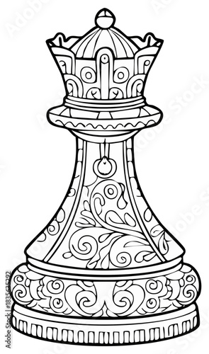Ornate Queen Chess Piece Line Art Illustration with Floral Decoration