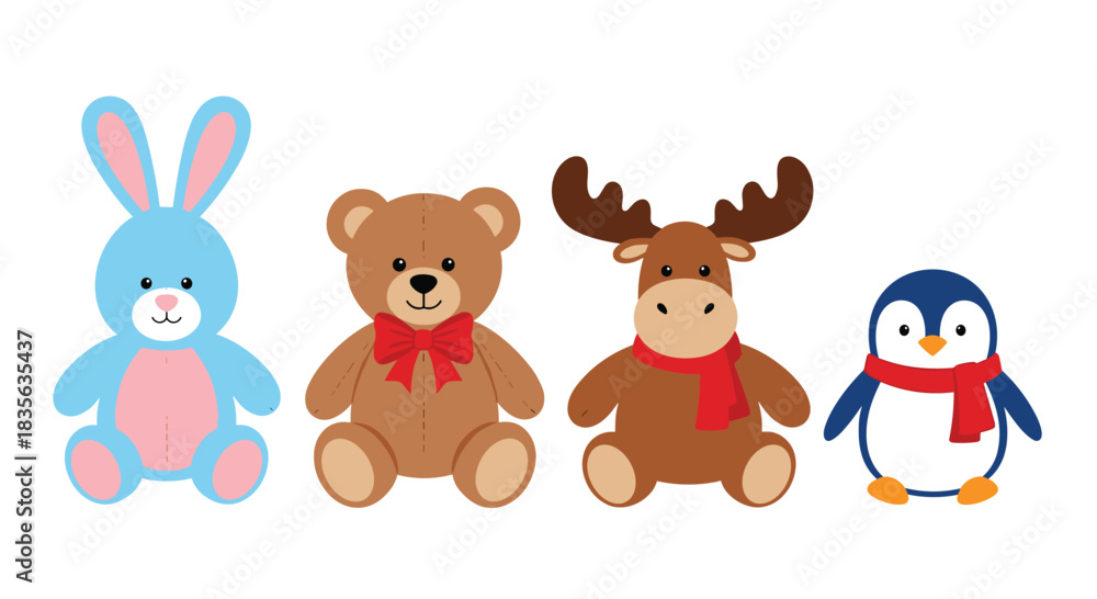 Obraz premium Cute collection of four plush toy animals including a blue rabbit, a teddy bear, a moose, and a penguin wearing winter scarves.
