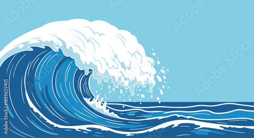 Powerful and dynamic ocean wave curling with white foam and sea spray, a dramatic illustration inspired by Japanese woodblock art style.