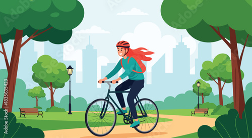 Young woman with a helmet and backpack enjoys a bike ride along a path in a beautiful green city park with a skyline background.