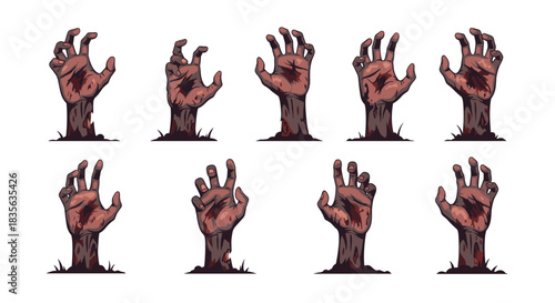 Spooky collection of pixel art zombie hands reaching out from the ground, perfect for Halloween graphics and retro horror video games.