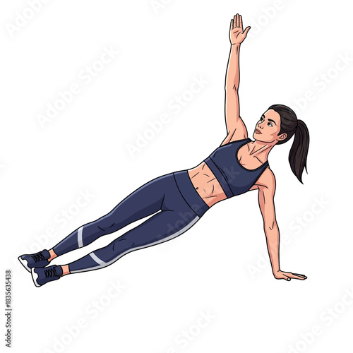 Woman in side plank pose, fitness and core strength exercise.