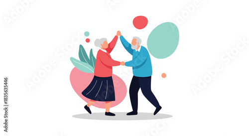 Happy elderly couple joyfully dancing together, a senior man and woman enjoying their retirement with love and activity illustration.