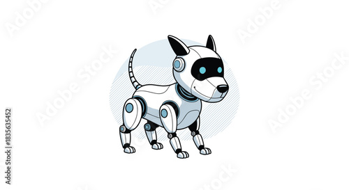 Futuristic cartoon illustration of a white robotic dog with glowing blue eyes, a high-tech companion animal with a modern design.