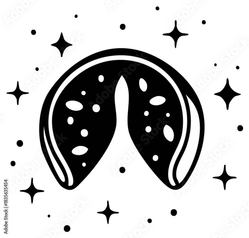Stylized Fortune Cookie with Rocket Launch Silhouette and Stars