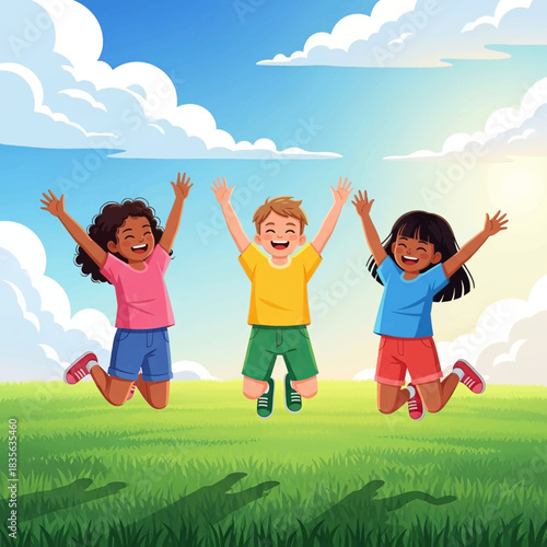 Three Children Jumping with Joy in a Green Field.
