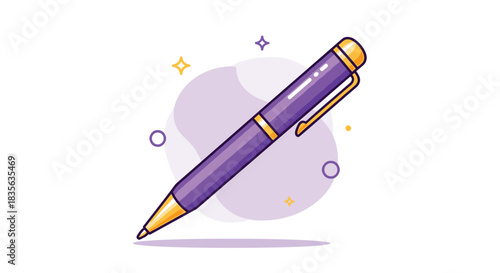 Simple and elegant purple cartoon ballpoint pen with gold accents, illustrated in a clean, modern flat style with sparkling highlights.