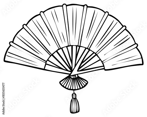 Elegant Oriental Fan with Decorative Tassel Line Art