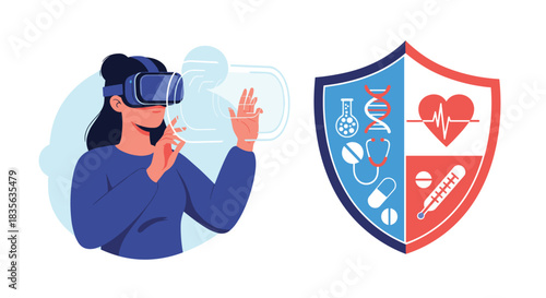 Woman using a VR headset to interact with a virtual interface next to a shield icon representing digital healthcare and medical data protection.