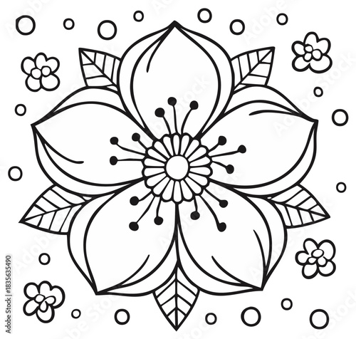 Large symmetrical flower with leaves and petals in a black and white outline style for coloring page
