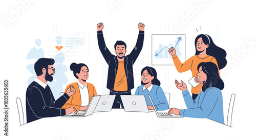 Diverse business team celebrating a successful project outcome in a meeting, with a joyful leader raising his arms in triumph.