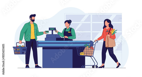 Customers at a grocery store checkout, with a man paying by card and a woman with a full shopping cart waiting in line.